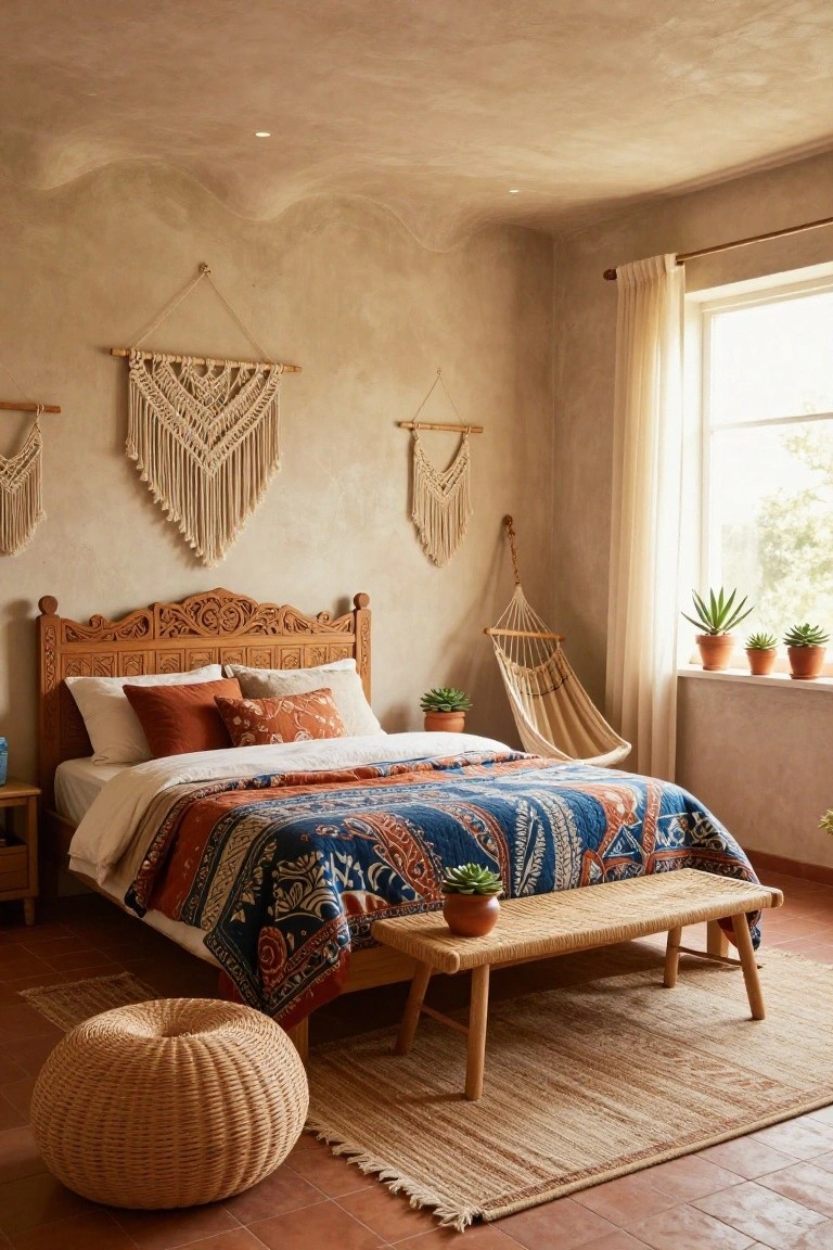 Bedroom interior featuring a beige textured wavy ceiling, carved wooden bed with colorful patterned quilt, macrame wall hangings, hanging hammock chair, potted succulents, rattan bench and pouf on terracotta tile floor with beige rug.