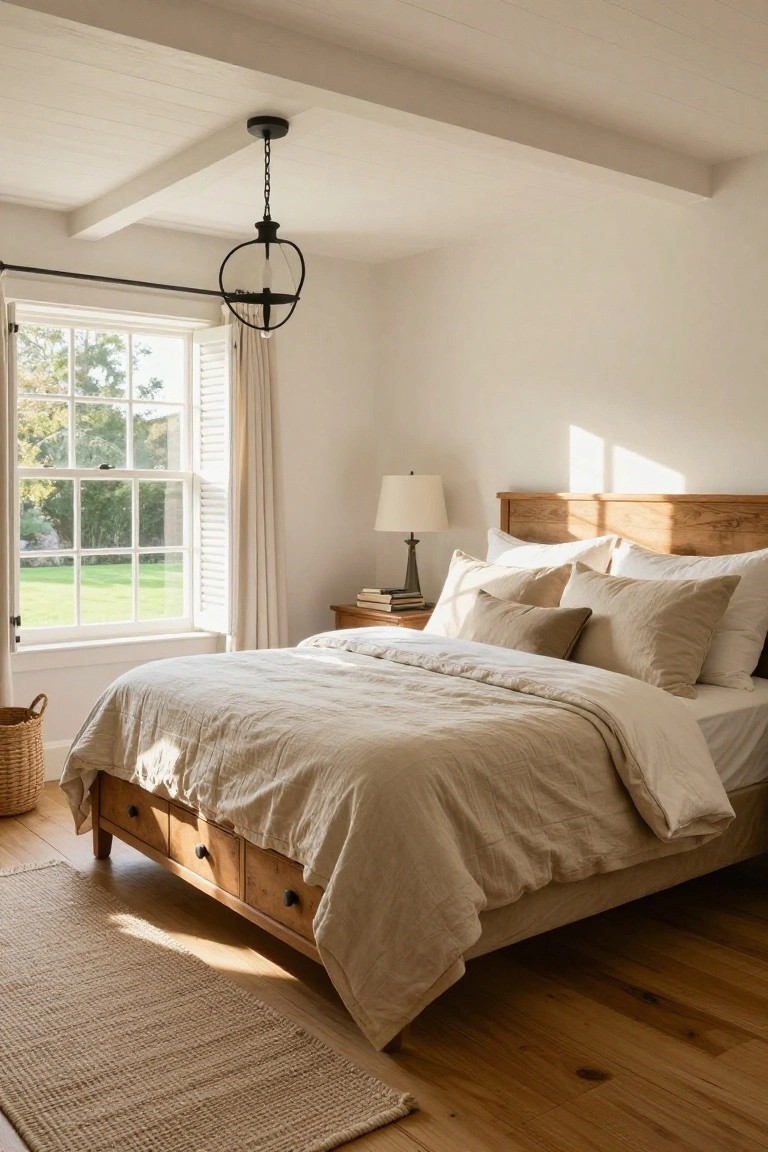 Sunlit bedroom interior featuring a wood bed with beige linen bedding, bedside table with lamp and books, large window with shutters overlooking green lawn and trees, wood plank ceiling with exposed beams, and hardwood floors.