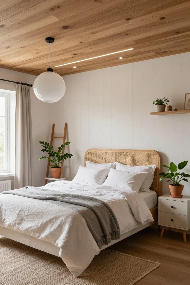 Bedroom with light wood plank ceiling and integrated LED strip lighting along the edges, rattan headboard on bed with white linens and gray throw, potted plants, ladder shelf, white walls, and wood flooring.