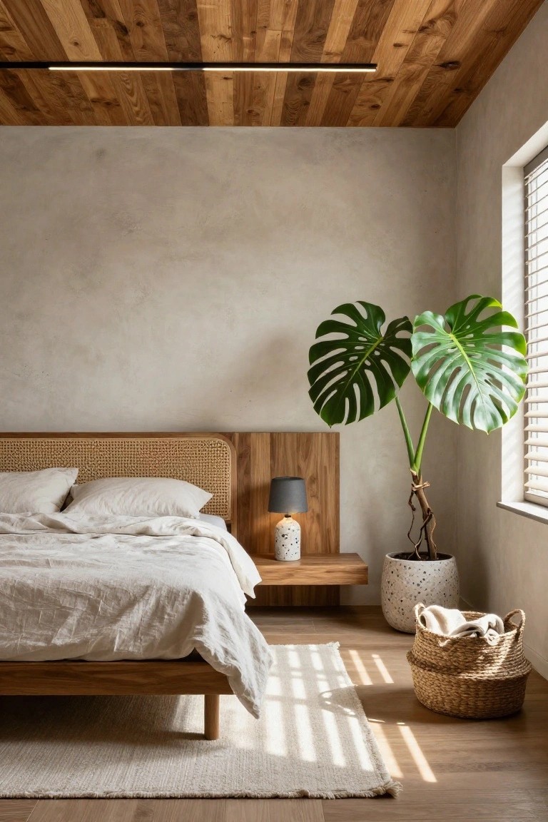 Bedroom with wooden plank false ceiling featuring integrated slim LED light strip, rattan and wood headboard bed with white linens, large monstera plant in white pot, beige plaster walls, and hardwood floor.