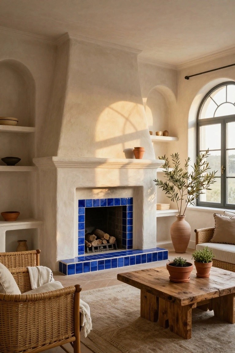 Living room with white stucco fireplace featuring blue tiled surround and hearth, flanked by arched built-in shelves displaying pottery and plants, rattan chairs, wooden coffee table, olive tree in terracotta pot, and window with view.