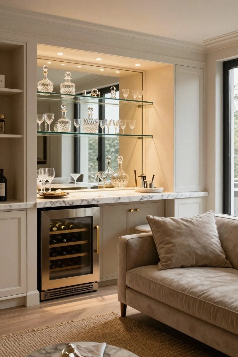 White built-in cabinetry in a living room with glass shelves displaying crystal glassware and decanters, backlit with LED lights, marble countertop, integrated wine refrigerator, and adjacent beige sofa on wood floors.