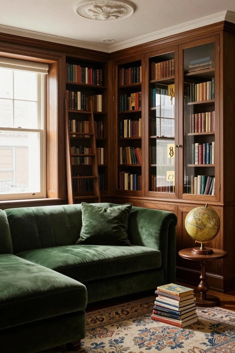 A corner of a living room with tall wooden built-in bookshelves filled with books on three walls, a wooden rolling ladder, green velvet L-shaped sofa, wooden globe on a side table, stack of books on the floor, and patterned rug.