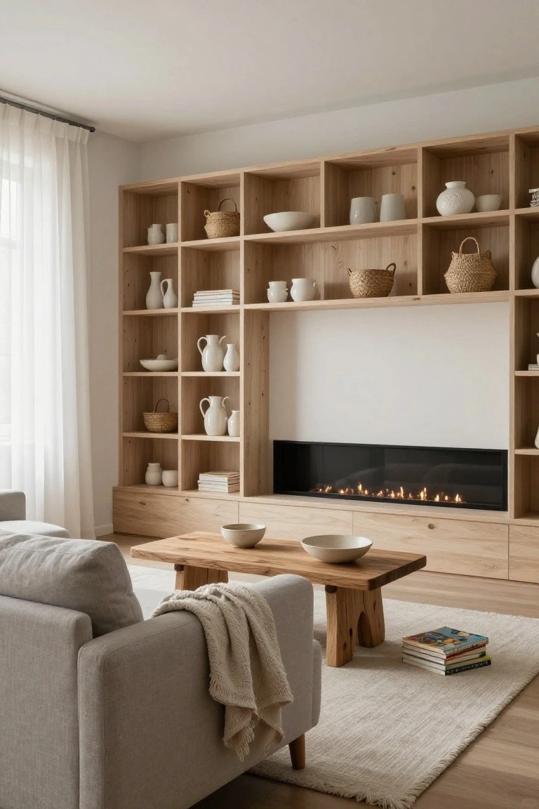 Light wood built-in shelving and cabinetry surrounding a long horizontal gas fireplace in a modern living room, with gray sofa, wooden coffee table, white bowls and vases on shelves, and sheer curtains on windows.