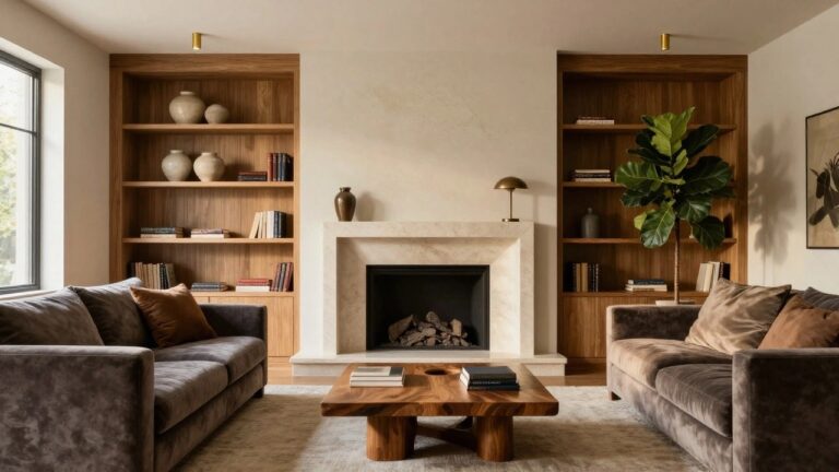 A living room with light wood-paneled built-in shelves flanking a white stone fireplace containing burning logs, shelves holding books, white and beige ceramic vases, and a large potted ficus plant, plus a gray velvet sofa, white sofa, wood coffee table, and beige rug on light wood floors.
