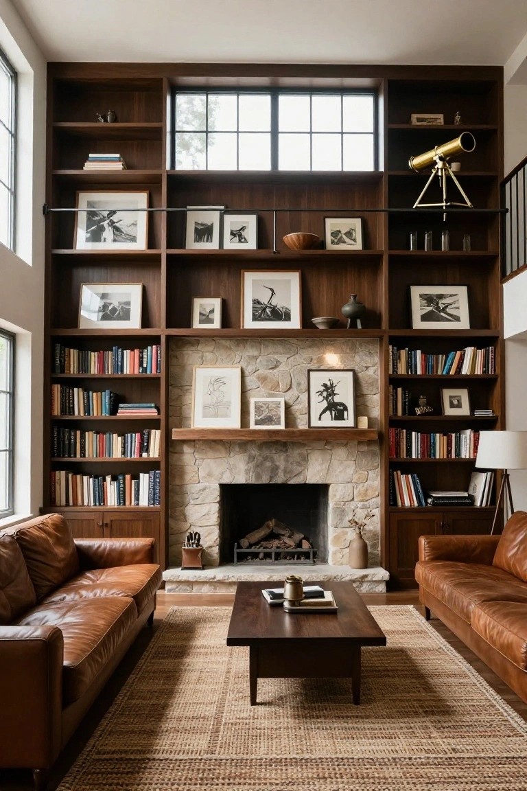 Living room with floor-to-ceiling dark wood built-in shelves flanking a stone fireplace, filled with books, framed art, and decor, brown leather sofas, wooden coffee table, and seagrass rug.