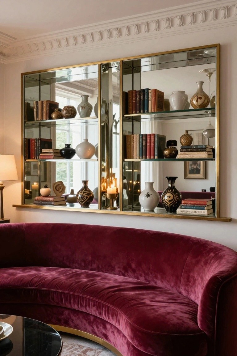 A large gold-framed mirrored bookcase with shelves displaying books, vases, and ceramics stands against a wall in a living room next to a curved magenta velvet sofa and a round black glass coffee table.