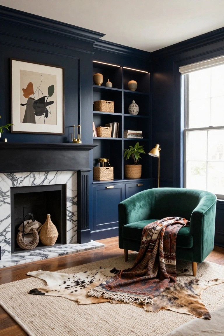 Dark navy paneled living room corner with built-in open shelves displaying books, ceramics, baskets, and plants, lit by LED strips, flanking a black fireplace with white marble surround and a green velvet armchair on a cowhide rug.