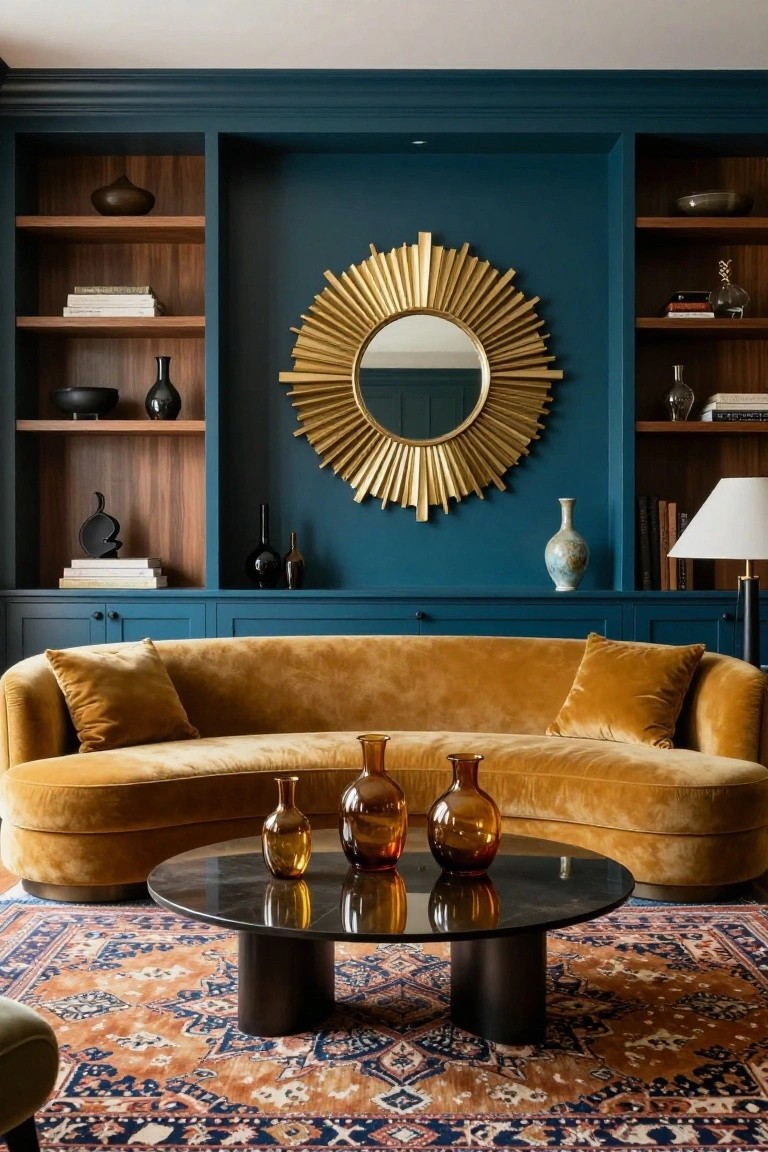 Living room with navy blue built-in shelving units flanking a large gold sunburst mirror, wood shelves holding books ceramics and vases, curved mustard velvet sofa, black round coffee table with amber glass vases, and patterned rug.