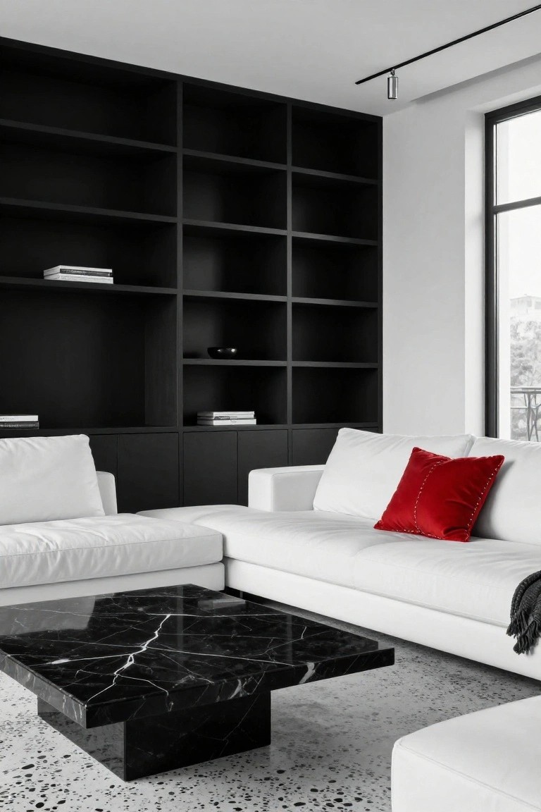 Modern living room with tall black built-in shelving unit and cabinets along one wall, white L-shaped sofa, black marble coffee table, red pillow, and large window.