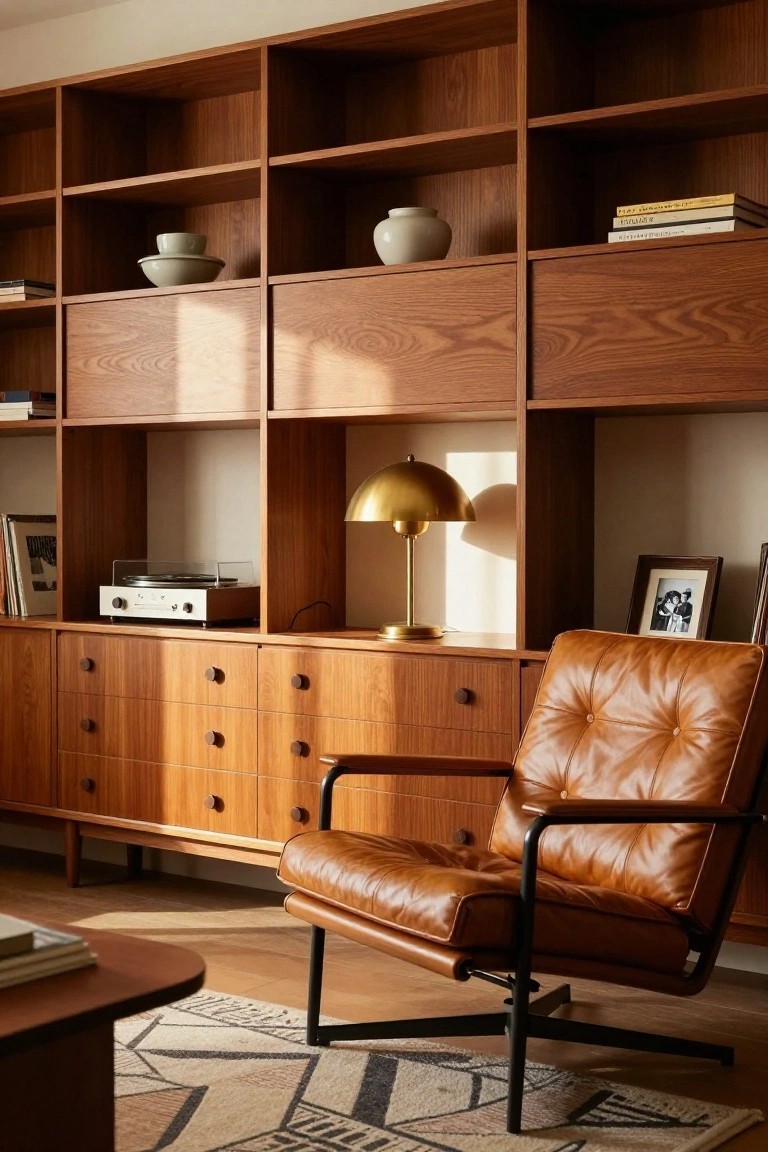 Tall wooden built-in shelving unit with open shelves displaying ceramics and books, lower drawers and cabinets, a gold lamp, turntable, and tan leather armchair on a rug in a living room.