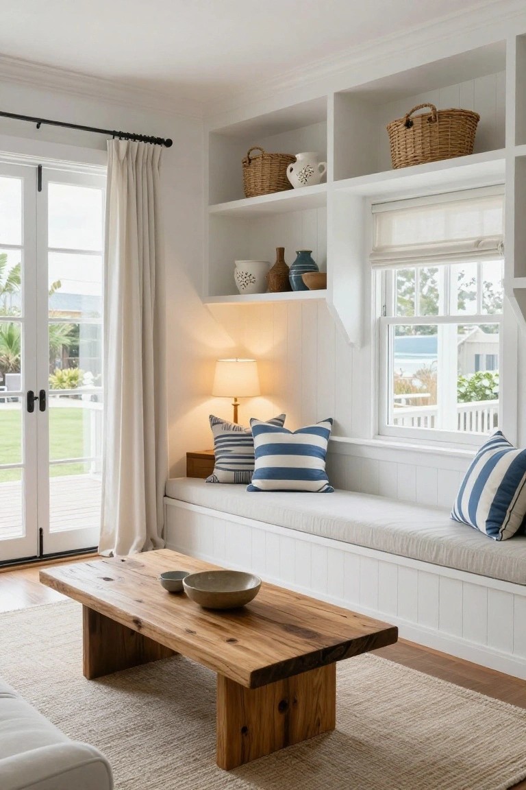 White living room corner with open built-in shelves holding pottery, baskets, and vases, a cushioned window seat with blue striped pillows, wooden coffee table on a rug, French doors to a green lawn, and a table lamp.