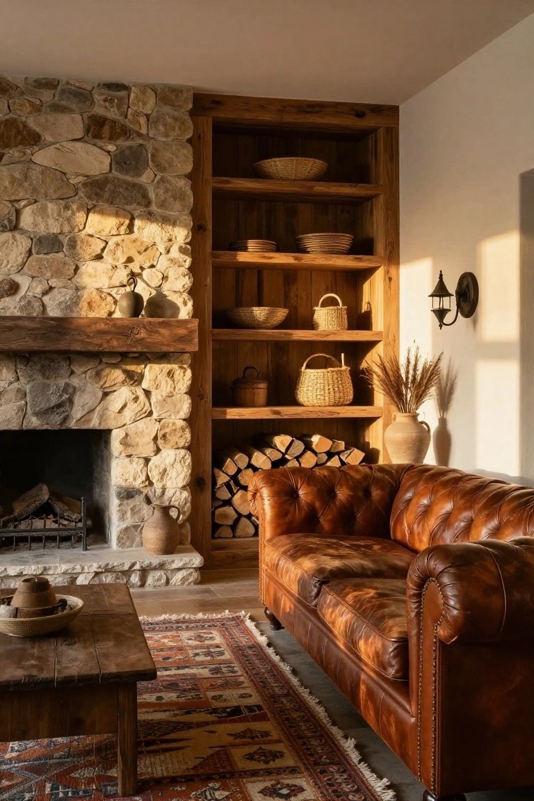 Wooden Shelves Around the Stone Fireplace