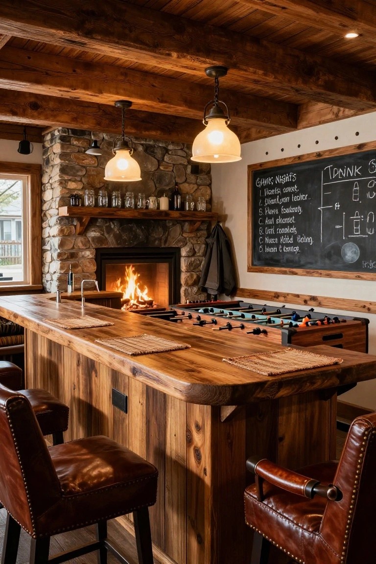 Rustic wooden bar counter integrated over a turquoise foosball table in a basement room with stone fireplace, leather barstools, pendant lights, and a chalkboard listing game nights.
