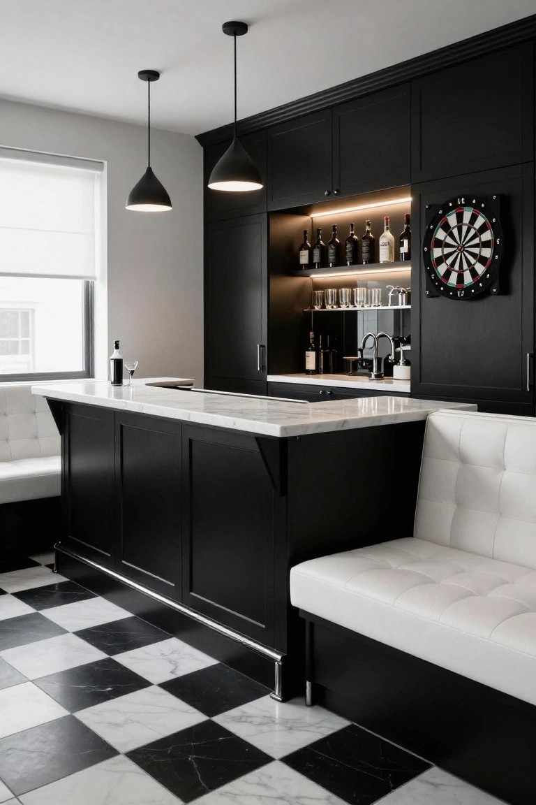 Basement bar interior with black floor-to-ceiling cabinetry, white marble countertop, backlit glass shelves holding liquor bottles, wall-mounted dartboard, stainless steel faucet, white tufted bench seating, and black-and-white checkered tile floor.