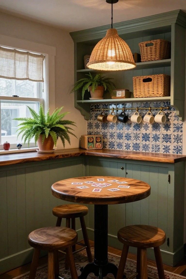 Kitchen corner with sage green cabinets and walls, blue snowflake-patterned tile backsplash, wooden countertop, round wooden pedestal table topped with playing cards, wooden bar stools, hanging mugs, potted plants, and rattan pendant light.