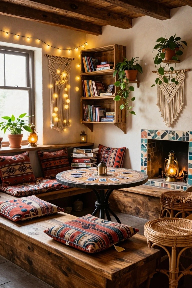 Cozy indoor seating nook with low built-in wooden benches covered in colorful patterned cushions surrounding a round mosaic-topped table with playing cards, bookshelves with plants, string lights, macrame wall hangings, and a tiled fireplace with lanterns.