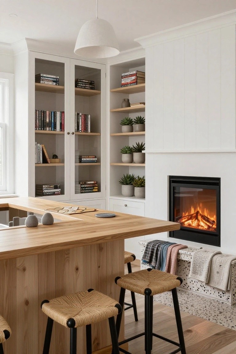 White kitchen with glass-door bookshelves filled with books and plants, light wood island bar topped with coasters and stools, and a modern gas fireplace with orange flames burning.