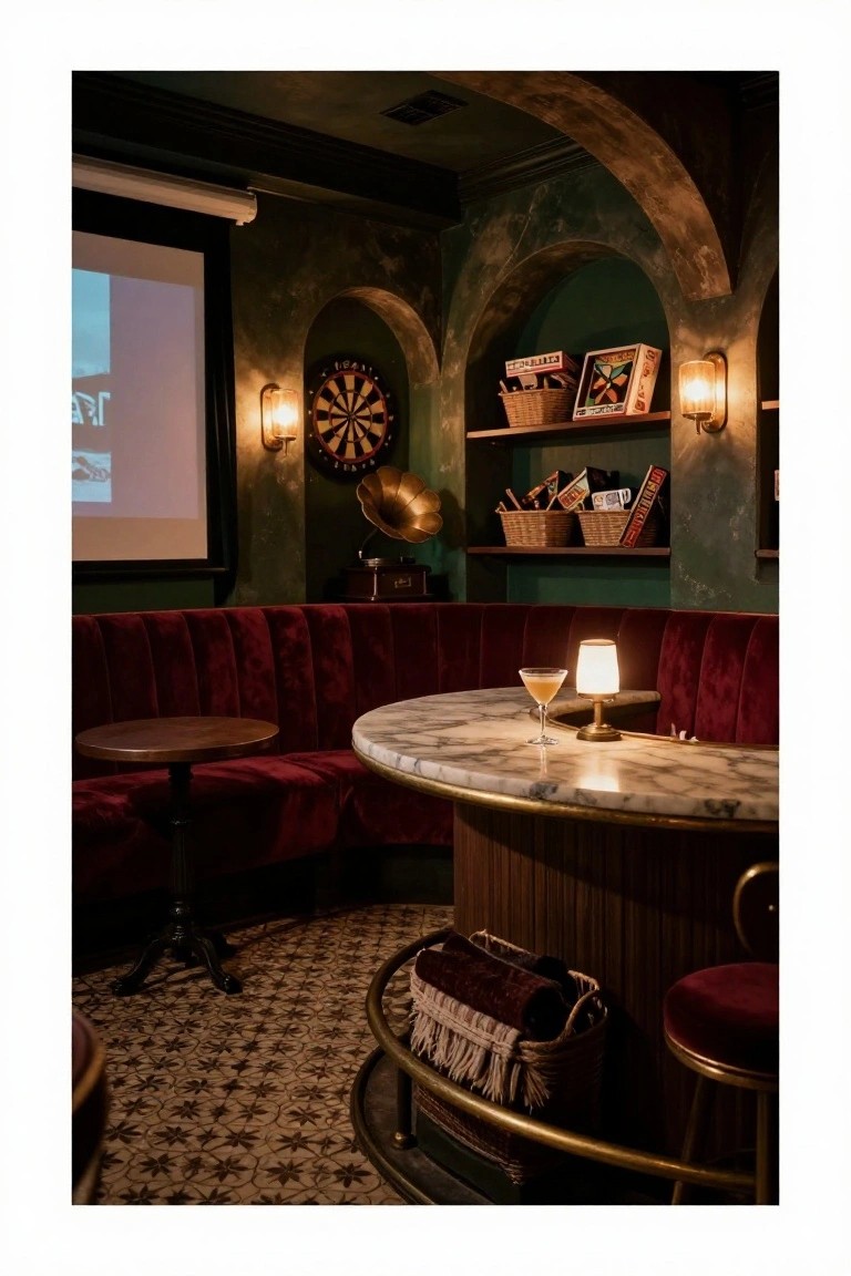 Dimly lit basement bar room with curved marble bar table surrounded by red velvet booth seating, dartboard on green wall, projector screen, vintage gramophone, and shelves of board games.