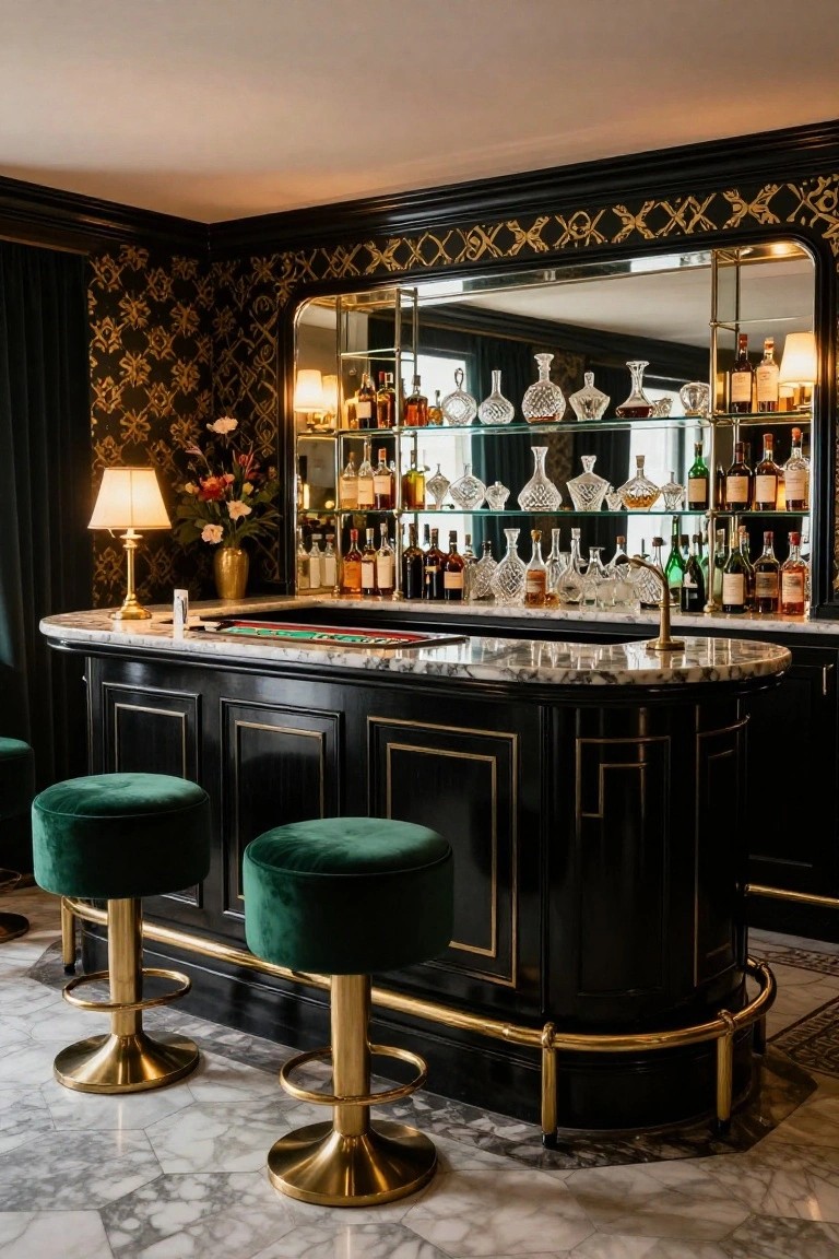 Curved black bar counter with marble edges and green baize gaming surface, flanked by two green velvet barstools on brass pedestals, ornate mirrored back bar shelves stocked with liquor bottles and glassware, black walls with gold accents and lamps.