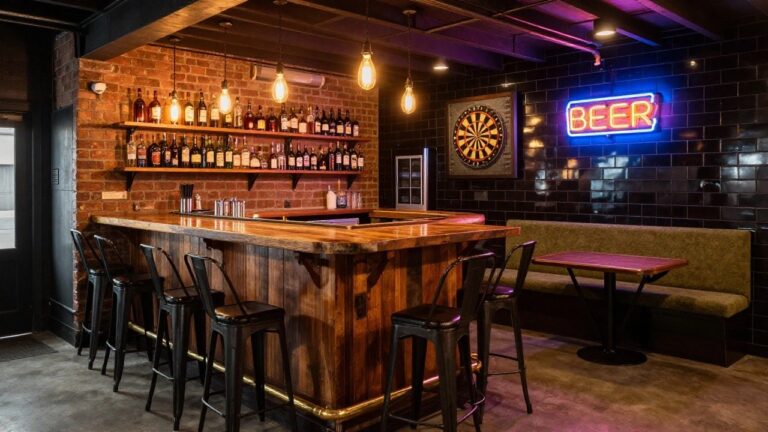 Dimly lit basement bar interior with exposed brick walls, wooden bar top, black metal stools, liquor bottle shelves, neon "BOERER" sign, and dartboard.