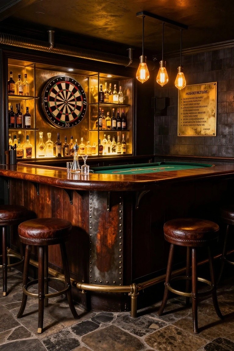 A dimly lit basement bar with a curved wooden bar top featuring a green pool table surface, backlit glass shelves displaying liquor bottles and a dartboard, leather bar stools, and industrial metal pipe details on dark floors and walls.