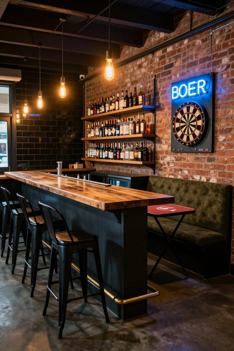 Dimly lit basement bar interior with exposed brick walls, wooden bar top, black metal stools, liquor bottle shelves, neon 