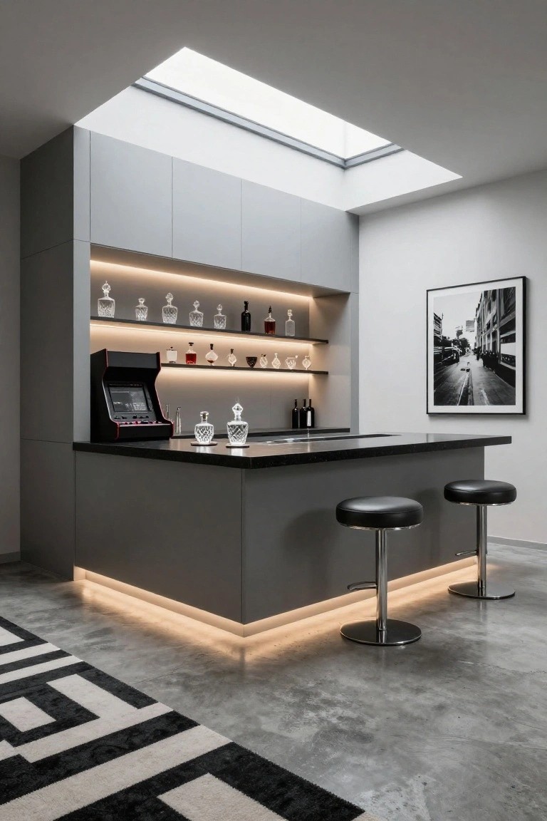 Gray cabinetry bar area with black countertop, LED-lit shelves holding liquor bottles, red-black arcade machine cabinet, two black leather bar stools, and a black-and-white street photo on the wall above a polished concrete floor.