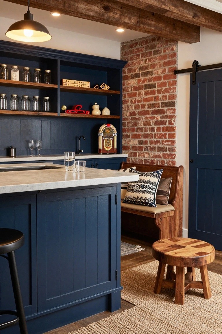 Basement bar with navy blue cabinets and island topped by white marble countertop, black bar stools, wooden bench seating, exposed brick wall, jukebox, and shelves of jars and decor.