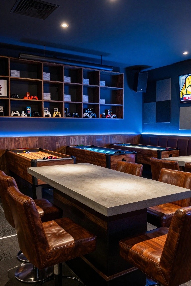 Interior of a basement bar with wooden open shelves displaying video game consoles, controllers, and memorabilia, multiple wooden pool tables with illuminated edges, leather bar stools around a central table, and blue ambient lighting on wood-paneled walls.