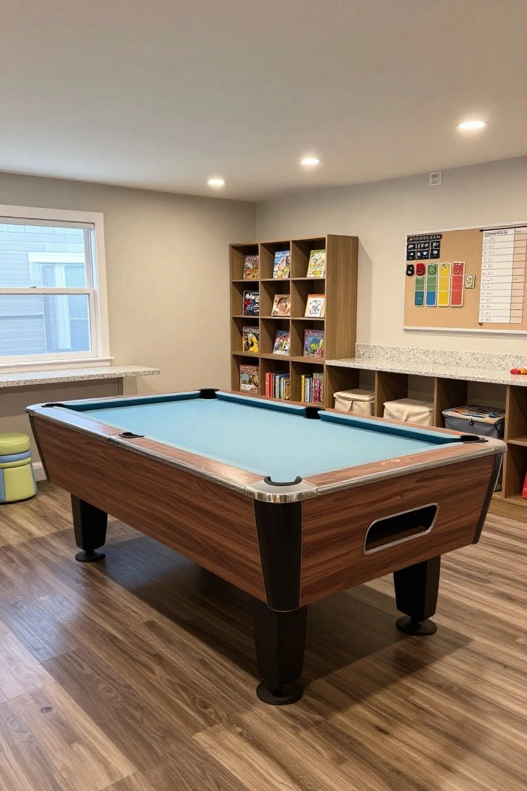 Basement recreation room with a central wooden pool table covered in blue felt, surrounded by wooden bookshelves stocked with children's books and toys, storage cabinets, a bulletin board, window, and laminate flooring.