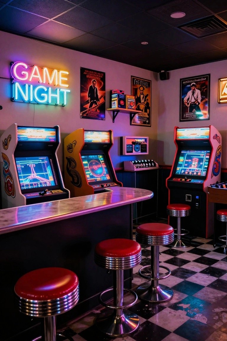 Neon-lit basement bar interior with 