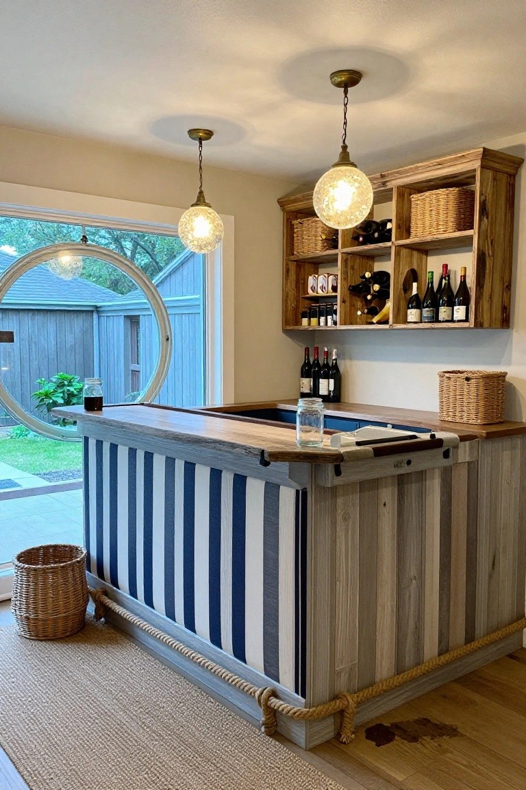 Wooden basement bar with blue and white striped panels on sides, rope wrapping at base, wine bottles on open shelves, pendant globe lights above, and garden view through large round window.