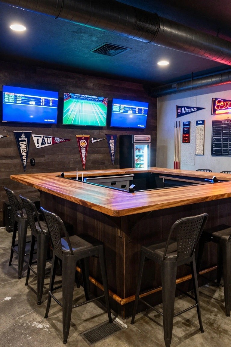 Basement bar room with light wood countertop and black stools, three wall-mounted TVs showing sports on screens, team pennants on wood-paneled walls, pool cues, beverage cooler, and ductwork overhead.