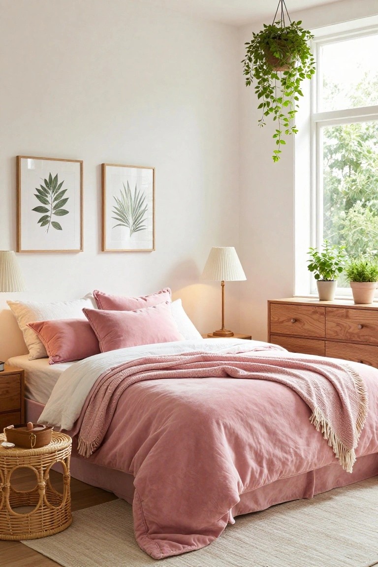 Bedroom corner with a bed covered in white sheets and blush pink linen duvet and velvet pillows, flanked by wooden nightstand and low dresser, rattan side table, hanging plant from window, potted herbs on dresser, two framed leaf prints on wall, and two lamps.