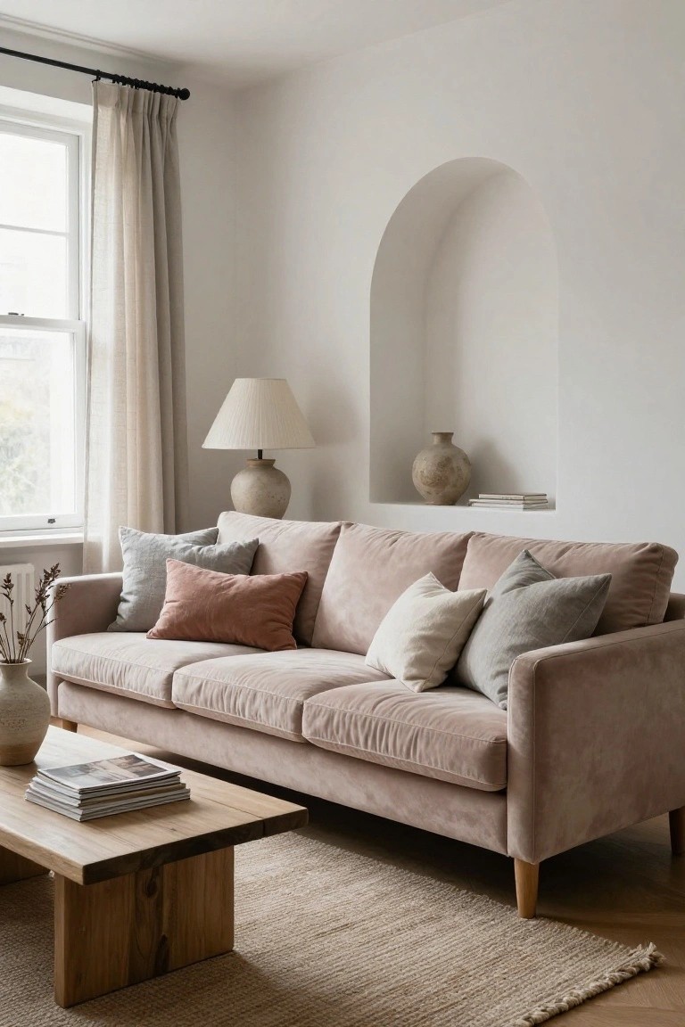 Blush pink velvet three-seater sofa with gray, cream, and pink pillows on a seagrass rug next to a wooden coffee table in a white-walled living room with linen curtains, lamp, and arched niche holding a vase.