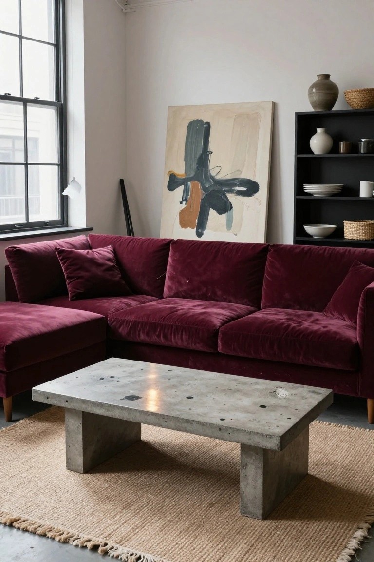 Modern living room interior with deep burgundy L-shaped velvet sofa, rectangular concrete coffee table on seagrass rug, abstract painting on wall, black shelving unit with ceramics, and large window.