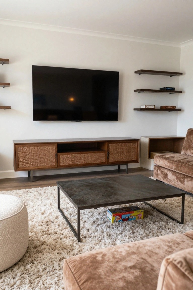 Modern living room with brown velvet L-shaped sofa, rattan-doored wooden media console under wall-mounted TV, black metal coffee table on white shag rug, floating wood shelves, and white walls.