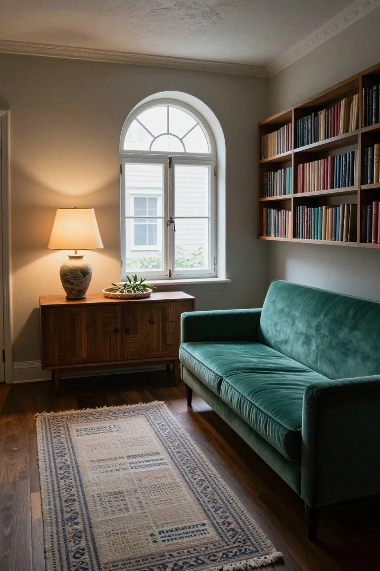 A green velvet sofa in a beige room with wooden bookshelves filled with books, a wooden sideboard holding a ceramic lamp, vase, and plant dish, an arched window, and a large patterned rug on wood floors.