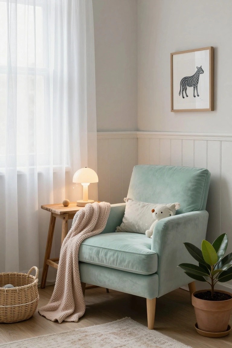 Mint green velvet armchair with knit throw blanket, stuffed toy pillow, wooden side table holding lamp and wooden ball, wicker basket, and potted plant in a light corner room with sheer curtains, zebra art, and wood-paneled walls.