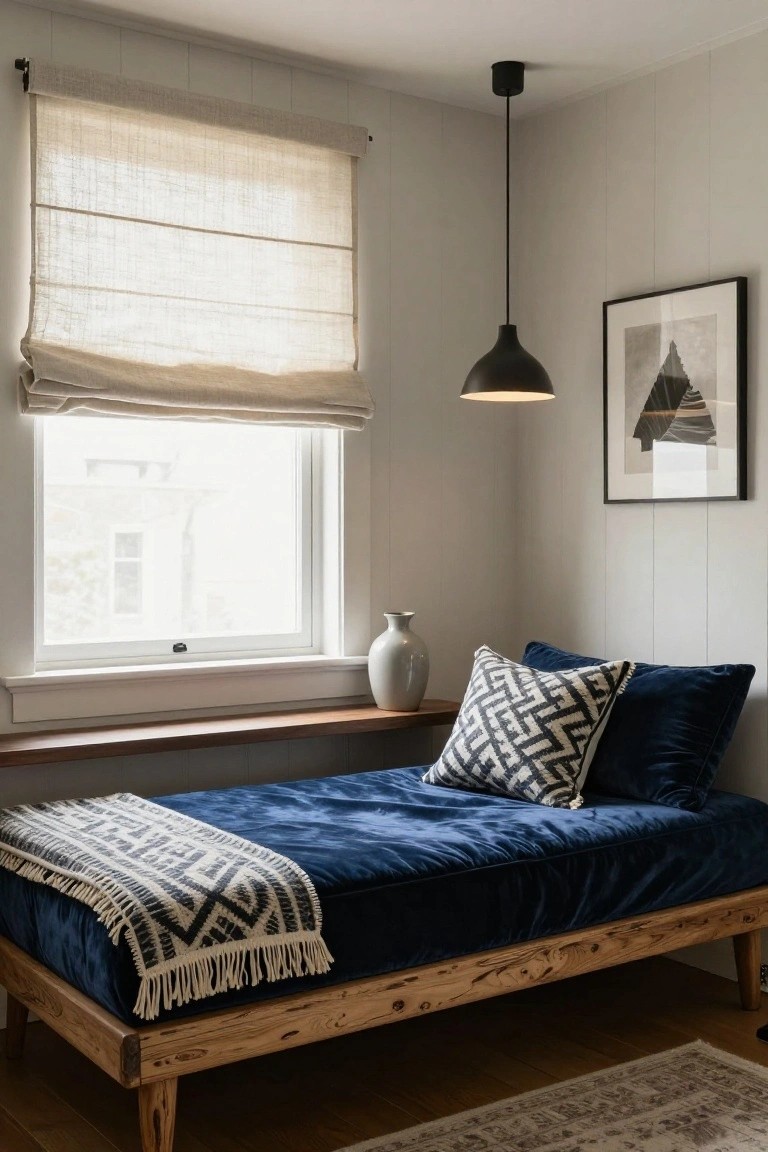 Corner of a light-colored room with white shiplap walls, a low wooden daybed upholstered in navy velvet topped with patterned pillows and throw blanket, window with linen roman shade, pendant light, framed art, and ceramic vase on sill.