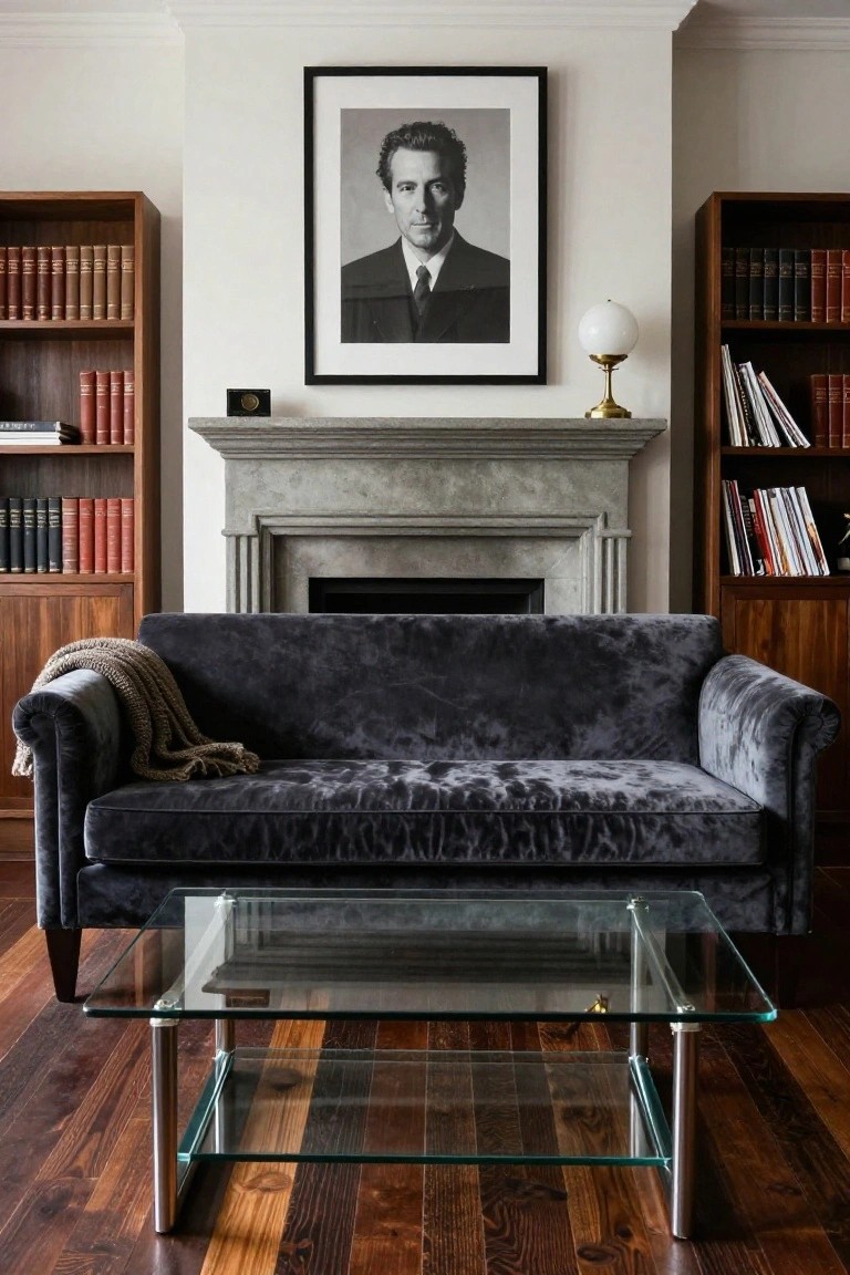 A dark velvet tufted loveseat with a beige throw blanket sits in front of a limestone fireplace flanked by wooden bookshelves filled with books, with a black-and-white portrait of a man in a suit hanging above the mantel and a glass coffee table in front.
