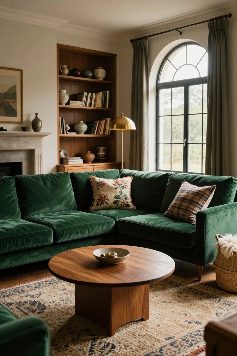 L-shaped emerald green velvet sofa in a cozy living room corner with wooden bookshelves, coffee table, fireplace, arched window, and potted plants.