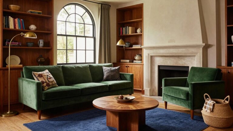 L-shaped emerald green velvet sofa in a cozy living room corner with wooden bookshelves, coffee table, fireplace, arched window, and potted plants.