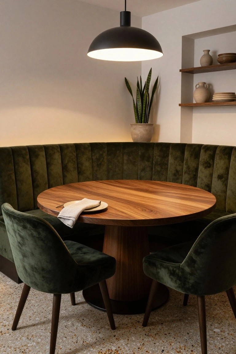 A green tufted velvet banquette booth wraps around a round walnut dining table with a white plate and napkin, flanked by two green velvet chairs on wooden legs, under a black pendant lamp in a white room with shelves, pottery, and a potted plant.