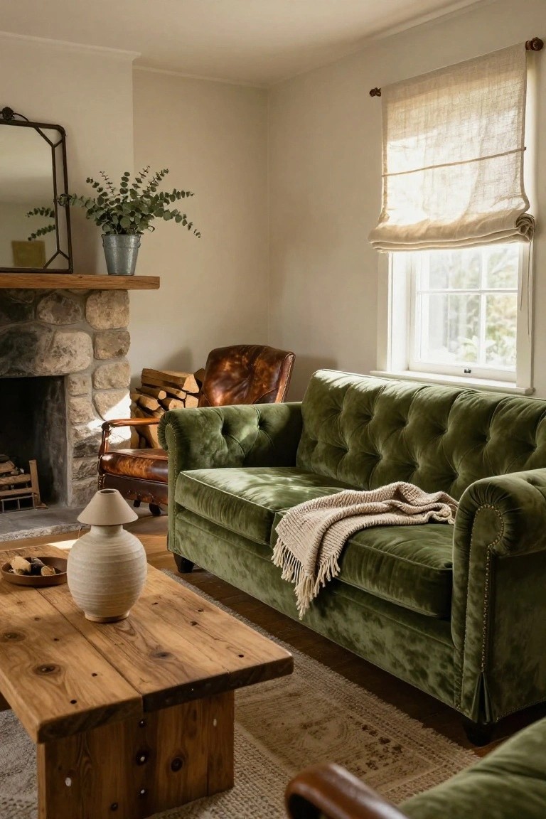 Living room with green tufted velvet sofa, brown leather armchair by stone fireplace, wooden coffee table, potted eucalyptus plant, and linen roman shade on window.