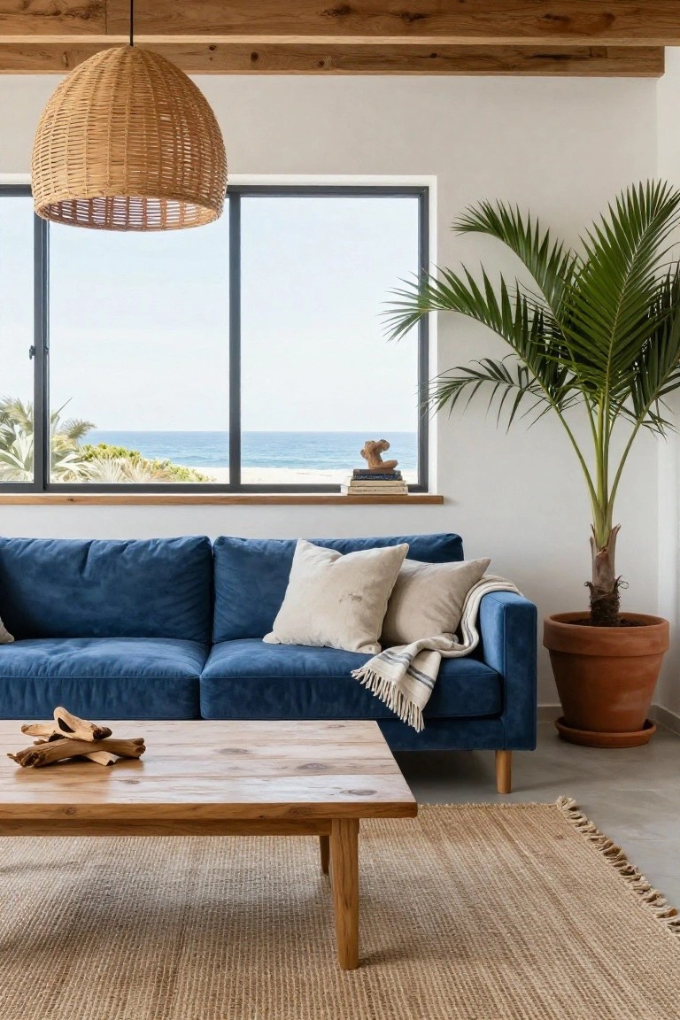 A navy blue velvet sofa with cream pillows and throw blanket in a white-walled living room featuring large black-framed windows with ocean views, a tall potted palm plant, woven pendant light, wooden coffee table with driftwood pieces, and seagrass rug.