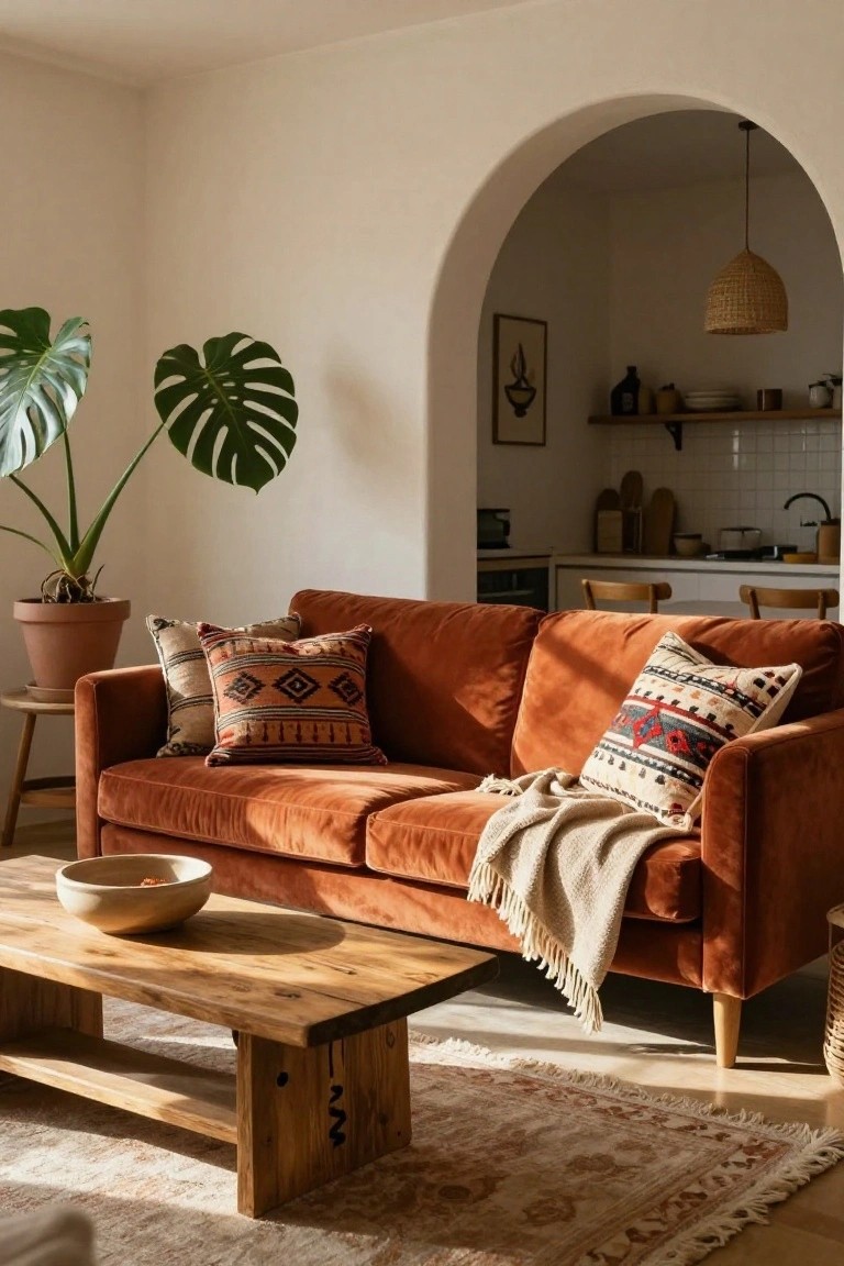 Burnt orange velvet sofa with multicolored patterned pillows and a light throw on a low wood coffee table in a white living room with monstera plant and arched kitchen opening.