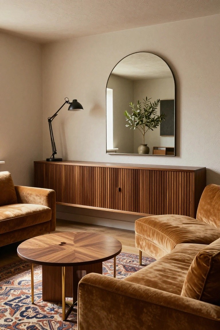 Modern living room with burnt orange velvet sofas in L-shape around round wooden coffee table on brass legs, slatted wood credenza with arched mirror above, arc lamp, olive plant in vase, and patterned rug on light wood floor.