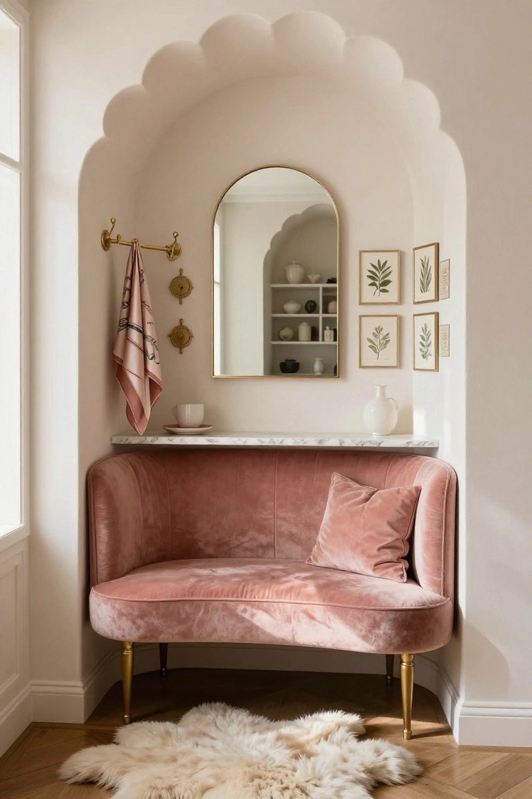 Blush pink curved velvet loveseat in a white arched alcove with gold mirror, marble shelf holding a cup and vase, hanging scarf on brass hook, botanical prints, and white sheepskin rug on parquet floor.